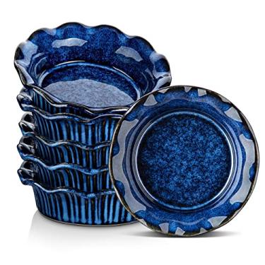 Imagem de vancasso Forma de torta, 14 cm - 255 g mini formas de torta conjunto de 6, prato de torta de cerâmica para assar, pratos pequenos de torta com borda ondulada, fácil de limpar, lava-louças e microondas e forno, azul