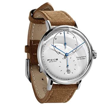 Imagem de FEICE Relógio masculino automático clássico Bauhaus relógio minimalista mostrador branco relógio mecânico reserva de energia relógios para homens com cristal abobadado -FM202 (marrom), Marrom, Vestido