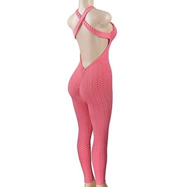 Imagem de soAR9opeoF Women's Summer Solid Jumpsuit Casual Loose Short Sleeve Jumpsuit,Back Striped Casual Jumpsuit Romper,Women Sexy Jacquard Backless Hip Lift Jumpsuit Solid Color Yoga Sports Leggings Pink XL