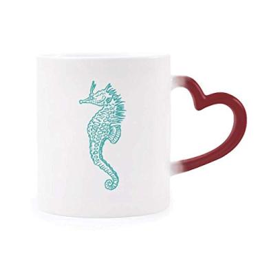 Imagem de Caneca de grés com estampa azul da vida marinha hipocampo sensível ao calor vermelha que muda de cor