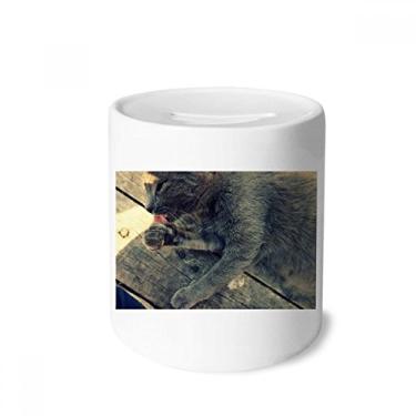 Imagem de DIYthinker Caixa de dinheiro com estampa de animal com foto de gato cinza porta-moedas de cerâmica presente de cofrinho