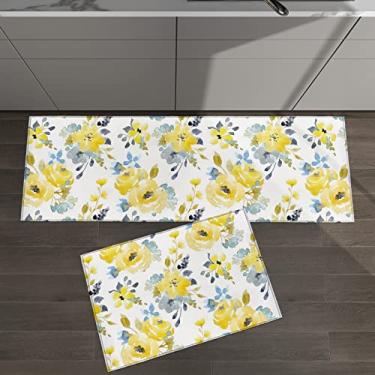 Imagem de Conjunto de 2 tapetes de cozinha flor amarelo azul índigo floral primavera verão folhas de plantas para tapetes e tapetes acolchoados antiderrapante corredor confortável tapete de pé