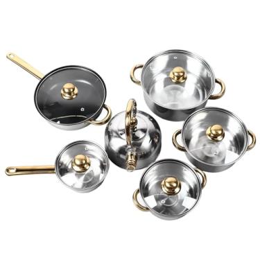 Imagem de Conjunto de Panelas e Frigideiras de Aço Inoxidável de 12 Peças, Conjunto de Panelas Profissionais Com Alça Dourada, Frigideira Resistente Ao Calor e Fácil de Limpar para Todos