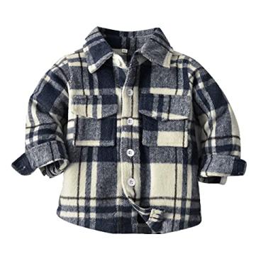 Imagem de Good Boy Top infantil meninos manga longa inverno outono camisa casaco roupa exterior para bebês roupas xadrez manga camisa, Azul, 5-6X