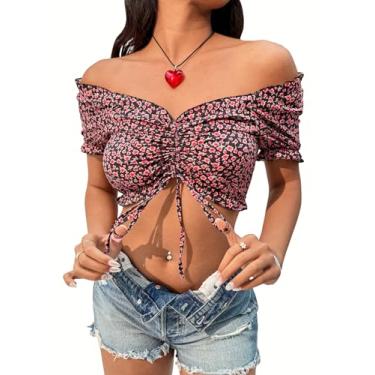 Imagem de SweatyRocks Camiseta feminina com estampa floral ombro de fora, manga curta, franzido com cordão, Preto, P