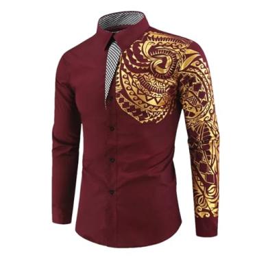 Imagem de ZMIN Camisas masculinas de outono/inverno com estampa de totem estampado dourado camisas finas de manga comprida, Vinho tinto, M