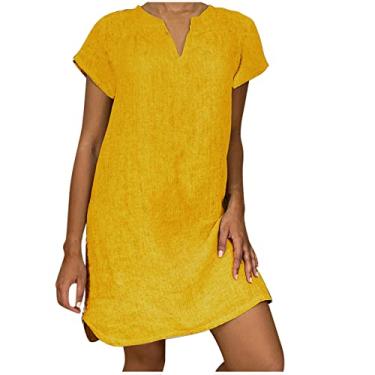 Imagem de Vestidos femininos de linho com gola V para verão outono manga curta midi ajuste solto praia vestidos havaianos 2024, K-796 Amarelo Mostarda, 5G