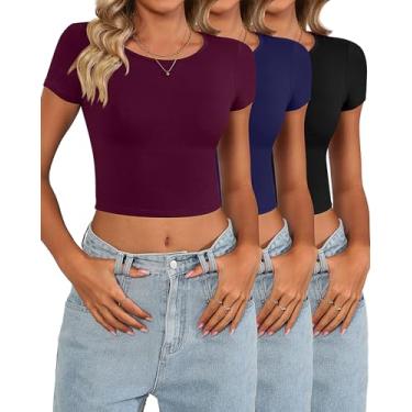 Imagem de Riyiper Pacote com 3 camisetas femininas com gola redonda, manga curta, justas, justas, para treino, leve, básica, justa, Preto, azul marinho, vinho, XXG