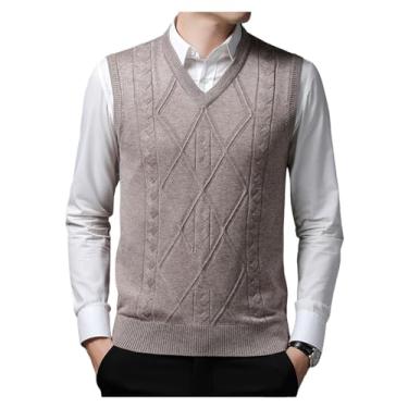 Imagem de Suéter masculino de malha com borda canelada cor sólida suéter colete gola V pulôver sem mangas, Café, XXG