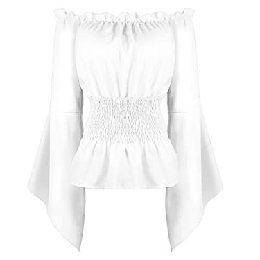 Imagem de Camisa feminina de pirata renascentista fantasia sexy ombro de fora bufante blusa camponesa por SUOSDEY, E - branco (mangas compridas), Large