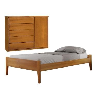 Imagem de Conjunto Quarto de Solteiro Madeira Maciça Cama sem Cabeceira e Cômoda 5 Gavetas com Sapateira Amêndoa Mel