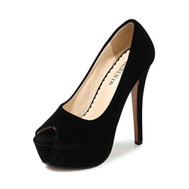 Imagem de OCHENTA Sapato social feminino peep toe salto alto plataforma salto alto sexy, Preto (veludo), 36