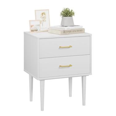 Imagem de Algherohein Mesa de cabeceira branca de 66 cm com 2 gavetas, mesa de cabeceira pequena com alças douradas, mesa de cabeceira com pernas de madeira maciça, mesas de cabeceira altas para quarto