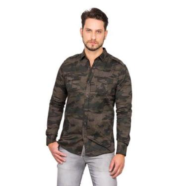 Imagem de Camisa Social Masculina Manga Longa Sarja Camuflada Militar Verde Mili