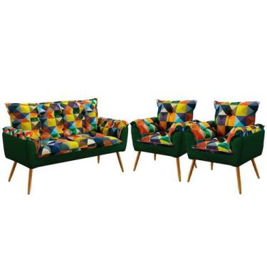 Imagem de Kit Poltrona Namoradeira e 2 Poltronas Estofadas Opala Sued Estampado 