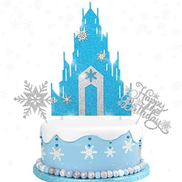 Imagem de Frozen Castle Cake Topper 3Pcs Glitter Snowflake Cake Topper for Winter Wonderland Themed Birthday Party Frozen Castle Themed Baby Shower Supplies