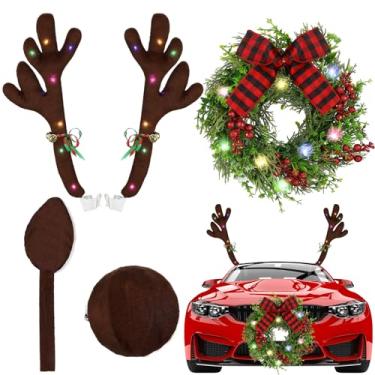 Imagem de Yunlly Grinalda de carro de Natal de 33 cm, chifres de rena, kit de carro com luzes LED, chifres de rena de carro de led brilhante com sinos kit de renas e nariz, guirlanda de Natal decorações de arco de guirlanda de carro exterior do carro SUV