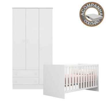 Imagem de Quarto de Bebê Berço Colchão Light e Guarda Roupa Doce Sonho Branco Qm