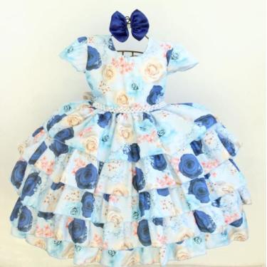 Imagem de Vestido Infantil Babado Florido Azul Branco Luxo E Tiara - Pingo de Ge
