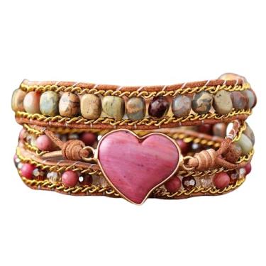 Imagem de SHE LIAN Pulseiras femininas feitas à mão com contas boho pulseira de couro de cristal de pedra natural, 19.7 inches+3 closures, Pedra, Coração rosa