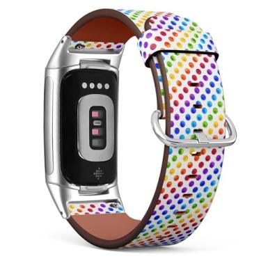 Imagem de Pulseira de relógio de couro de substituição para Fitbit Charge 5/Fitbit Charge 6 (círculos coloridos arco-íris), pulseira para smartwatch para mulheres e homens