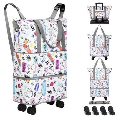 Imagem de VOOWO Bolsa esportiva com rodas – bolsa esportiva dobrável expansível com rodas para viagem, bolsa de transporte com rodas, mochila grande com rodinhas para homens e mulheres, Branco, duffle