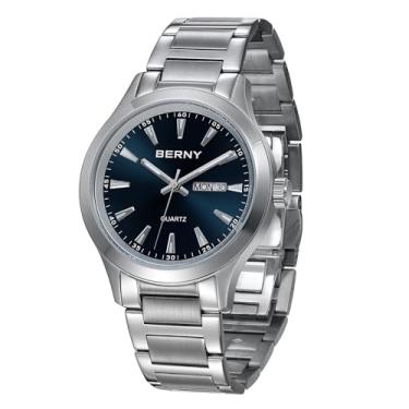 Imagem de BERNY Relógio social masculino de quartzo de aço inoxidável sólido à prova d'água, relógios esportivos para homens, relógios de pulso prateados luminosos, diários, data, mostradores coloridos para escolher, Azul