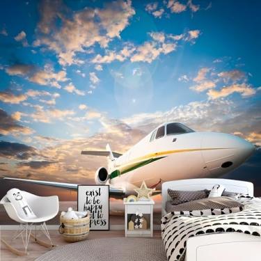 Imagem de Lcythiazole Mural de aeronaves de tamanho personalizável com céu azul e nuvens brancas, papel de parede grande com foto de avião para sala de estar, quarto, quarto de crianças, quarto de meninos