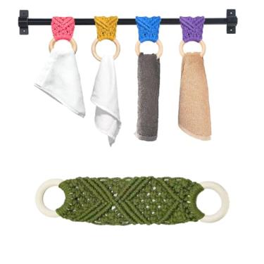 Imagem de 2 peças anel de suporte de toalha de macramê | Clipes de toalha de cozinha para alça de forno | Suporte de toalha de crochê | Anéis de suporte de toalha de crochê para pendurar toalhas de cozinha