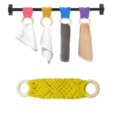 Imagem de 2 peças anel de suporte de toalha de macramê | Clipes de toalha de cozinha para alça de forno | Suporte de toalha de crochê | Anéis de suporte de toalha de crochê para pendurar toalhas de cozinha