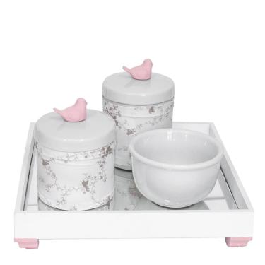 Imagem de Kit Higiene Bandeja Porcelanas Algodão Passarinho Rosa Bebê