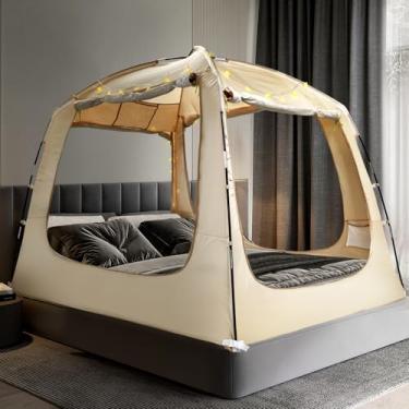Imagem de RIYDH Barraca para cama, dossel respirável 100% para adultos e crianças, redução de luz, barracas de sonho para dormir, interior, portátil, grande espaço com cordão de luz, 4 portas, solteiro, queen
