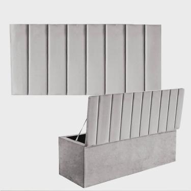 Imagem de Kit Painel Cabeceira Estofada e Calçadeira Baú Recamier Carla 195cm King Size Corino Cinza Claro - Ahz Móveis