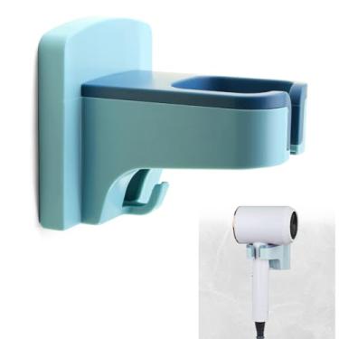 Imagem de QruiLanTu Suporte de secador de cabelo autoadesivo montado na parede com organizador de cabos, suporte de secador de cabelo mãos livres para banheiro organizador de secador de cabelo (azul)