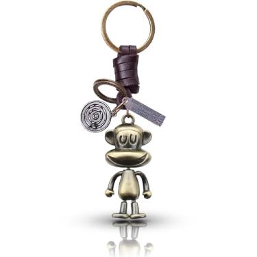 Imagem de AuPra Chaveiro 3D engraçado presentes para mulheres e homens | chaveiros exclusivos de couro feito à mão | Acessório vintage Lucky Key Charm, Macaco, M
