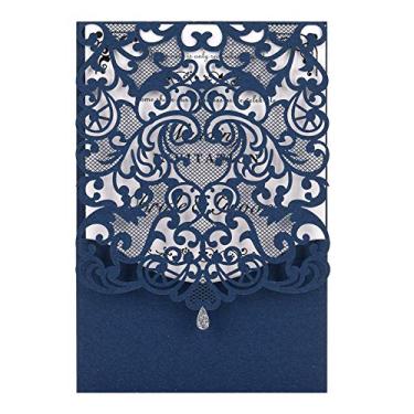 Imagem de Kits de convites de casamento cortados a laser 50 pacotes de convites de casamento com papel impresso em branco e envelopes para casamento, festas de aniversário, chá de bebê (azul marinho)