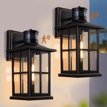 Imagem de EIKESN Pacote Com 2 Luminárias Externas Com Sensor De Movimento, Arandelas Pretas Para Iluminação Externa, Iluminação Externa Antiferrugem Do Anoitecer Ao Amanhecer, Lanterna À Prova D'Água Para Va