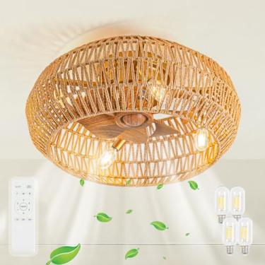 Imagem de GMTB Ventiladores De Teto Boho De 20" Com Luzes (Lâmpadas Incluídas), Ventilador De Teto De Gaiola De Perfil Baixo Com Luz E Controle Remoto, Ventilador De Teto Embutido De Vime Com 8 Lâminas Rever