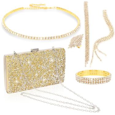 Imagem de ACO-UINT Conjunto de joias de strass com 5 peças de bolsa clutch para mulheres, colar de formatura, brincos, pulseira, anel com glitter, joias formais para mulheres para uso noturno, Metal, Strass
