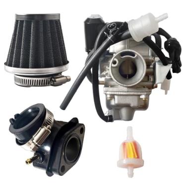 Imagem de JOIQEXJ Carburador GY6 150cc 125cc para 4 tempos 152QMJ 157QMJ para estrangulador de motocicleta scooter 24 mm PD24J Carb com coletor de admissão ATV kart ciclomotor UTV 4 rodas para Kazuma para Baja