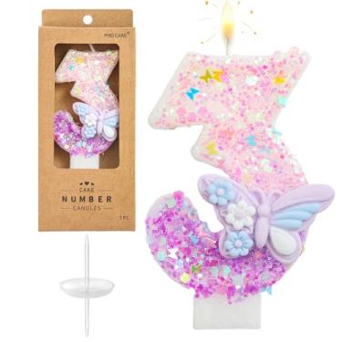 Imagem de PHD CAKE Número 3 velas de aniversário de borboleta roxa, velas com número de borboleta, velas com número de bolo, celebração de festa