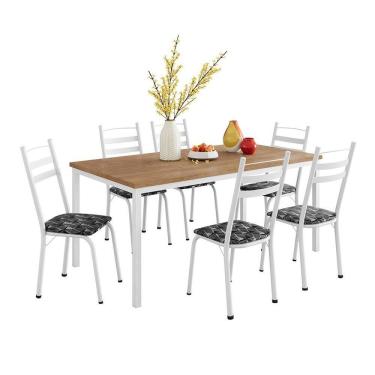 Imagem de Conjunto de Mesa Retangular com Tampo de MDP Amadeirado e 6 Cadeiras Adriana III Revestimento Sintético Silver e Branco