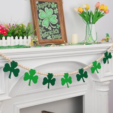 Imagem de Arosche Guirlanda De Decoração Para O Dia São Patrício, Trevos Feltro Verde Com Contas Madeira, Bandeira Rústica Irlandesa Da Sorte, Sem Necessidade Fazer Você Mesmo, Lareira, Parede E Artigos Festa