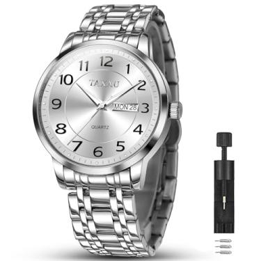 Imagem de Taxau Relógio masculino prata com mostrador grande e luxuoso, à prova d'água, analógico, quartzo, masculino, aço inoxidável, com mostrador luminoso e número romano, Prata - G8405, round, Minimalista