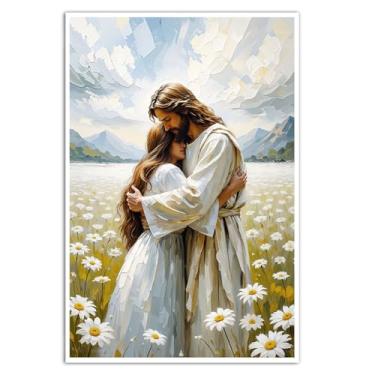Imagem de Jesus abraçando mulher arte de parede menina segura nos braços de Cristo margarida campo floral pôster cura cristã abraço bíblia moderna fé religiosa pintura tranquila sala de oração igreja quarto