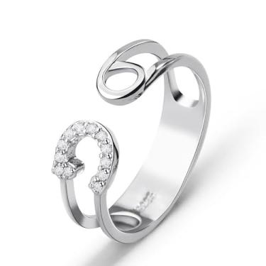 Imagem de OIDIMS Anel de eternidade aberto de alfinete de segurança simples para mulheres e homens anéis de empilhamento com clipe de papel ajustável, zircônia cúbica, aliança de compromisso, declaração de