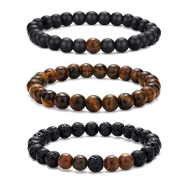 Imagem de Crgwxzl Pulseira masculina com contas cruzadas, 8 mm, conjunto de pulseiras de pedra natural, olho de tigre e pedra vulcânica para homens, preto, proteção obsidia, pulseiras de cristal para homens
