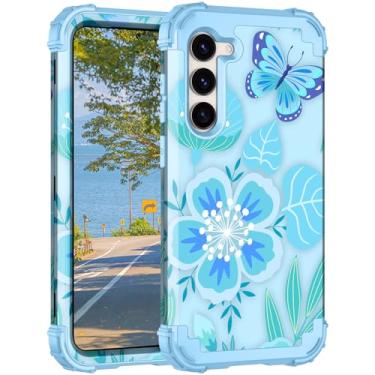 Imagem de LONTECT Capa protetora para Galaxy S23 5G à prova de choque de três camadas resistente híbrida resistente de alto impacto para meninas mulheres capa para Samsung Galaxy S23 5G 2023, borboleta azul