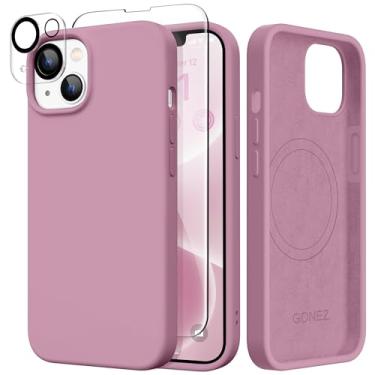 Imagem de GONEZ Capa de silicone para iPhone 14, com 2 películas + 2 películas protetoras de lente de câmera, [forro de microfibra macio anti-riscos], capa protetora de silicone líquido à prova de choque de 6,1 polegadas, groselha preta