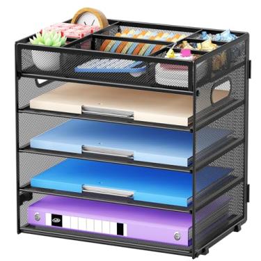 Imagem de Marbrasse Organizador de papel de 5 camadas com alça, organizador de arquivos de malha multifuncional para mesa, compartimentos ajustáveis, armazenamento de mesa de malha para material de escritório
